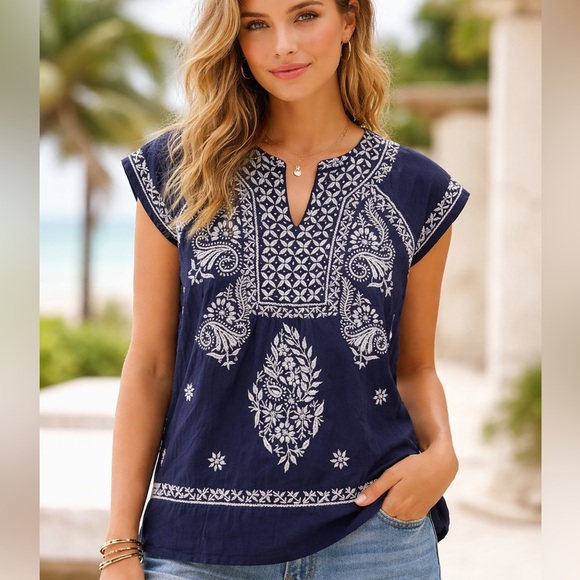Oliphant Tops - Oliphant Navy Embroidered Cotton Boho Top Tunic Blouse Size L
